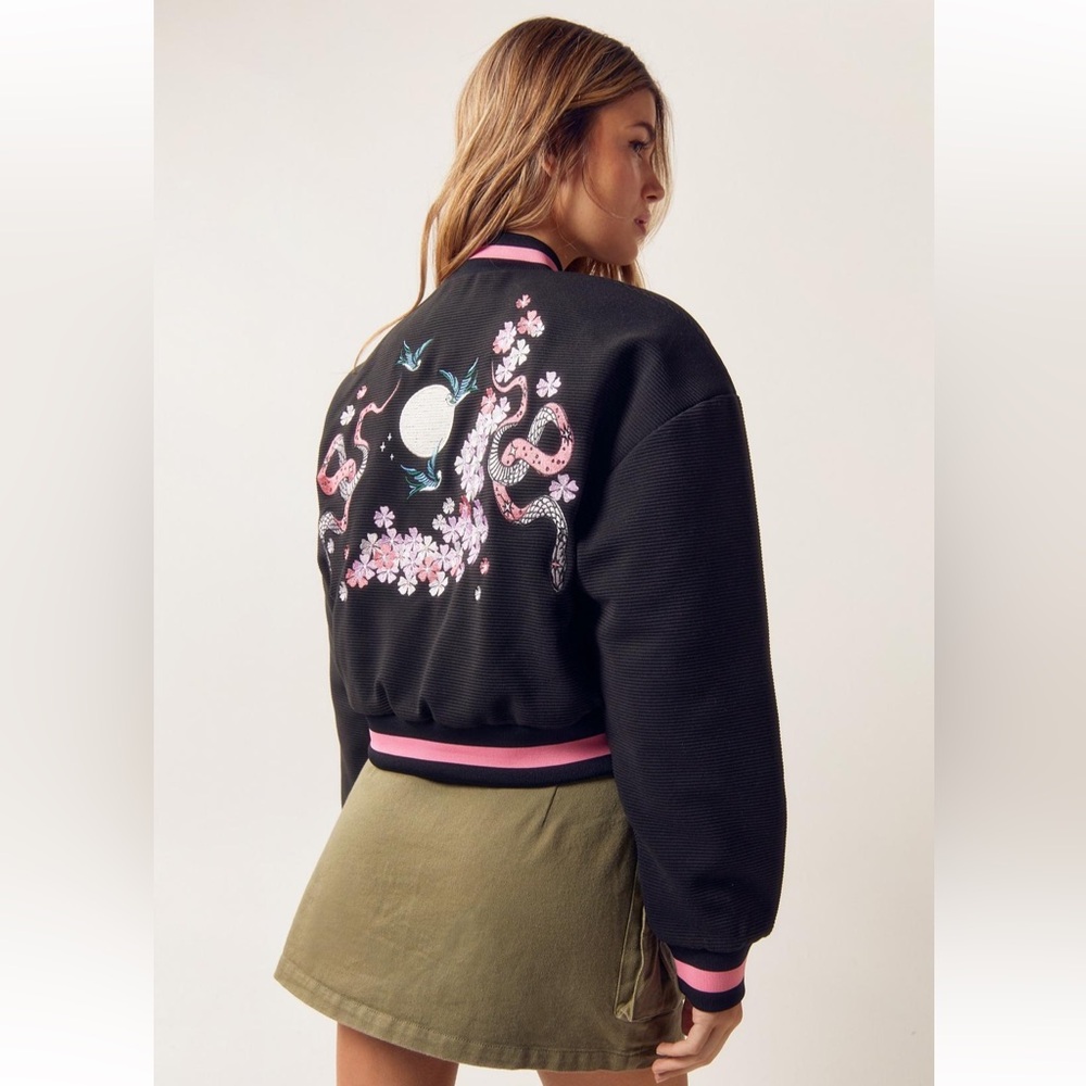 Nasty Gal Embroidered Knit Varsity Jacket NWT